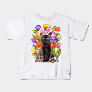 Cat Bunny Ears And Tulip Flowesr Happy Easter Day Kids T-Shirt